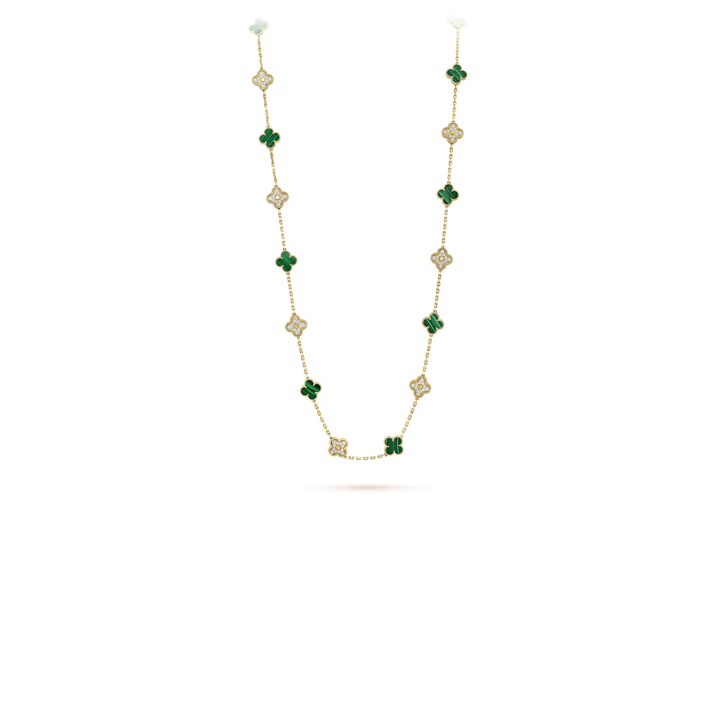 VAN CLEEF ARPELS VINTAGE ALHAMBRA LONG NECKLACE, 20 MOTIFS - YELLOW GOLD, DIAMOND, MALACHITE VCARO7GP00 VAN CLEEF ARPELS VINTAGE ALHAMBRA LONG NECKLACE, 20 MOTIFS - YELLOW GOLD, DIAMOND, MALACHITE VCARO7GP00